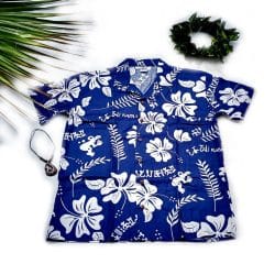 Camisa Rapa Nui Azul Con Hibiscos Y Tangata Manu Blanco