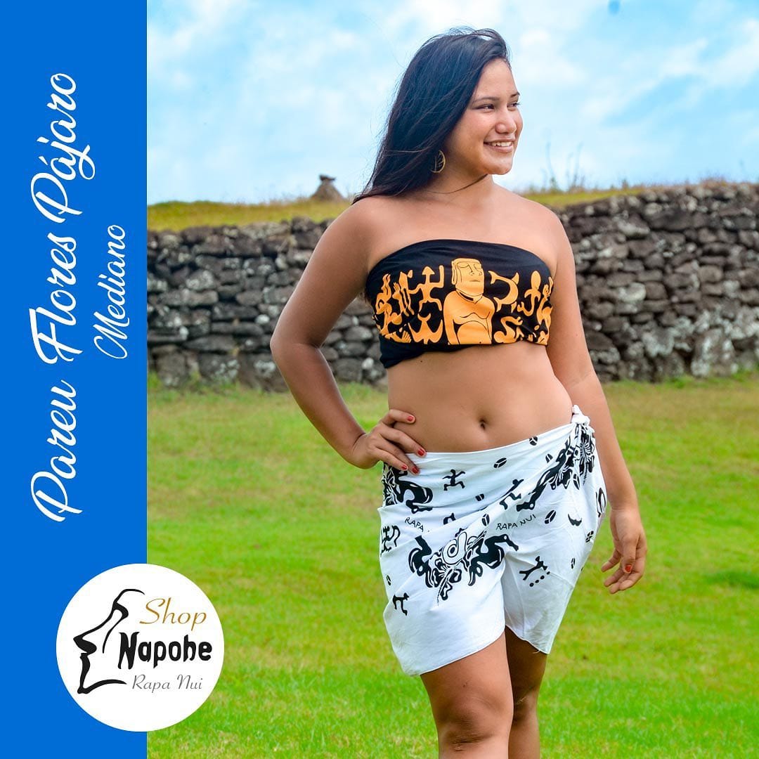 Pareo Corto Napohe flores pajaro negro / blanco 1,75X0,6MTS - Imagen 2