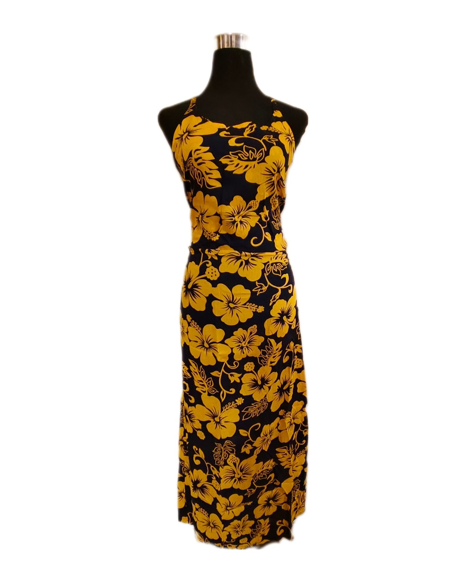 Vestido Marama azul con Hibisco amarillo napohe