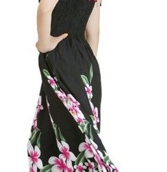 Vestido Largo negro Frangipani blanco con fucsia Hawai talla Unica Ajustable