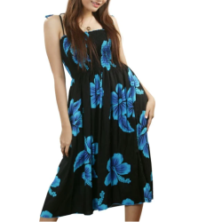 Vestido Negro con Hibisco Azul Hawaii talla unica Ajustable